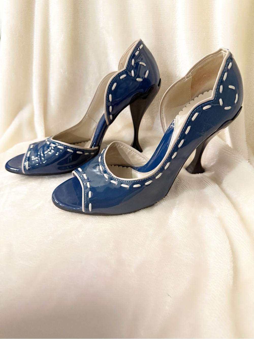 John Fluevog Blue Patent Peep-Toe Heels with White Stitching